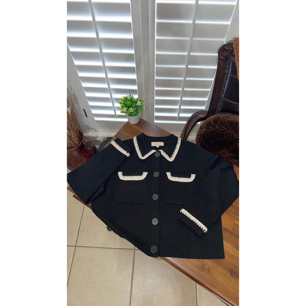 Sezane La Maille Betty Cardigan Black Scalloped Trim Button Front Sweater Small